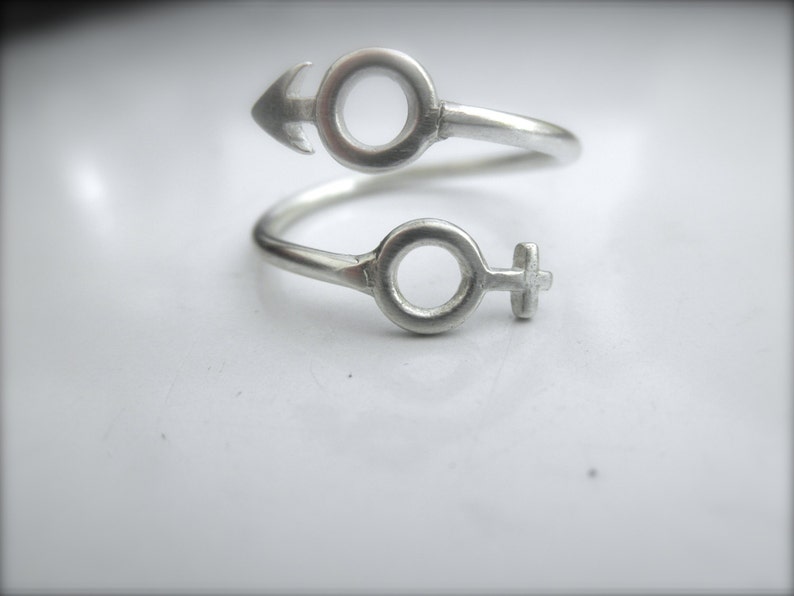 May include: A silver ring with a twisted design featuring the male and female symbols.