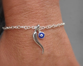Sterling Silver Italian Horn & Evil Eye Charm Bracelet