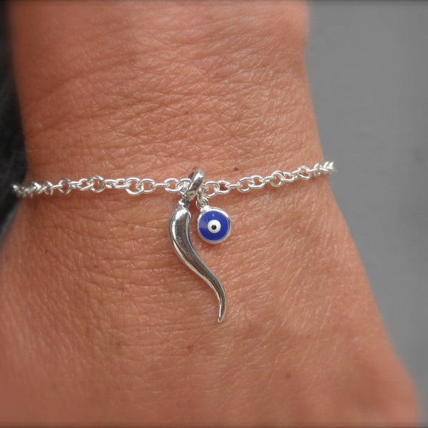Italian horn and evil eye bracelet sterling silver , italian horn charm, italian horn pendant, evil eye bracelet, talisman