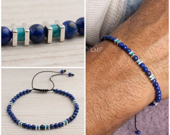 lapis lazuli mens bracelet with turquoise and sterling silver spacers - blue men's bracelet