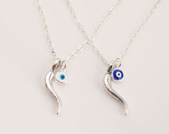 Italian horn and evil eye necklace - 925 sterling silver  - italian horn charm - italian horn pendan - evil eye necklace - talisman