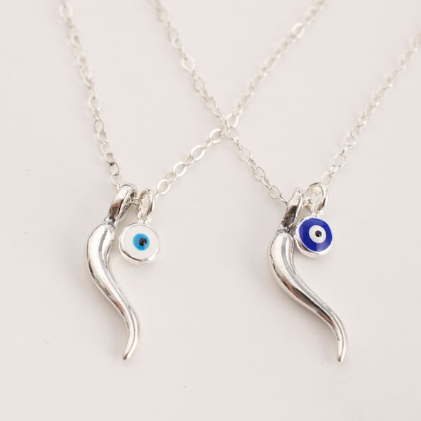 Italian horn and evil eye necklace - 925 sterling silver  - italian horn charm - italian horn pendan - evil eye necklace - talisman