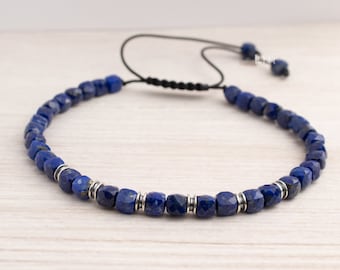 Faceted Lapis Lazuli Mens Bracelet: Sterling Silver Accents