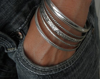 Set of 5 sterling silver pattern bangle bracelet- pattern sterling bangles - stacking bracelets - oxidized bangles - solid 925 sterling