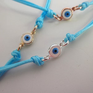 Aqua Cord Evil Eye Bracelet: Sterling Silver, Gold, or Rose Gold