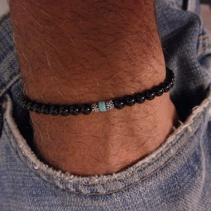 black onyx bracelet with heishi turquoise and oxidized beads - adjustable onyx bracelet - unisex bracelet