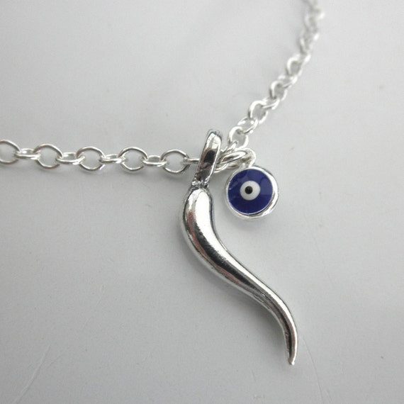 Italian horn and evil eye bracelet sterling silver italian horn charm italian horn pendant evil eye bracelet talisman