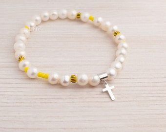 Pearls men bracelet with cross and yellow beads - statement bracelet for men - 925 sterling silver - gift for men