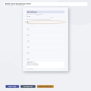 Puede incluir: Un documento blanco ADHD Task Breakdown Pack con una plantilla de Micro-step ladder. El formulario incluye campos para el nombre de la tarea, fecha y hora, con filas numeradas para pasos, una casilla de verificación y un óvalo marrón resaltado.
