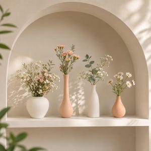 Pode incluir: Uma coleção de quatro vasos de cerâmica de várias formas e tamanhos, com dois recipientes em branco mate e dois em tom pêssego suave. Cada vaso contém um arranjo floral diferente, incluindo gipsófila, margaridas e eucalipto.