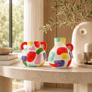 Colorful Ceramic Vase, Modern Striped Table Vase, Artistic Floral Arrangement Pot, Decorative Home Decor for Living Room
