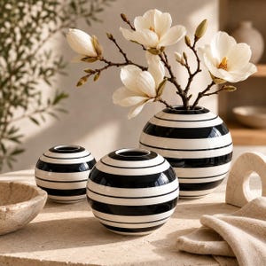 Black White Striped Ceramic Bud Vase, Modern Round Flower Holder, Minimalist Table Decor, Decorative Home Accent, Gift