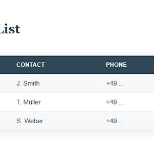 Könnte beinhalten: Eine Tabellenkalkulationsvorlage Vendor & Contractor Contact List mit Spalten für Trade, Company, Contact, Phone, Rate (€) und Last Used. Die Tabelle zeigt Beispieldaten für einen Klempner, Elektriker und einen HVAC-Fachmann mit Stundensätzen.