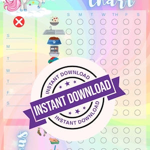 Puede incluir: Una tabla de tareas con fondo de arcoíris, un unicornio alado, el texto "Chore Chart" y "Bonus", una cuadrícula de círculos para registrar tareas e iconos de labores domésticas que incluyen un fregadero y comida para mascotas.
