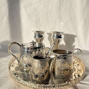 Curated Antique Style Silver-Plated Tea Service | Gallery Tray and  Bud Vases | English Style Tea Pot, Creamer & Sugar Bowl