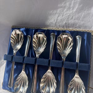 Op de afbeelding: Een set van zes zilverkleurige lepels met een schelpvormige bak en een gladde, taps toelopende steel. De lepels zijn op een rij geplaatst en worden vastgehouden door blauwe elastische banden in een met blauw satijn gevoerde doos.