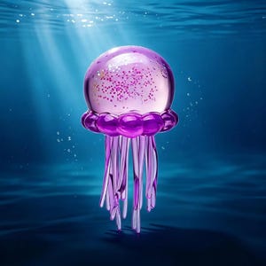 Può includere: Una scultura di medusa in vetro viola traslucido con una campana arrotondata riempita di particelle di glitter scintillanti e una serie di tentacoli lisci e allungati che pendono verso il basso su uno sfondo acquatico blu profondo.