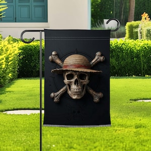 Utsmyckad piratskalle trädgårdsflagga stråhatt korsben banderoll dubbelsidig väderbeständig trädgårdsdekor cool utomhus gräsmatta husflagga nyhet gåva