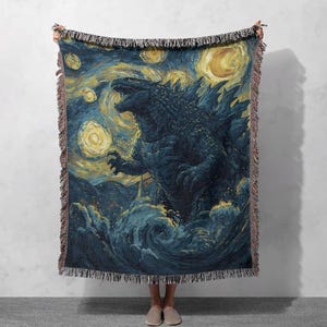 Godzilla Starry Night Woven Blanket 100% Cotton, Kaiju Monster Art Throw Blanket, Sci-Fi Movie Fan Gift Blanket, Blanket Decor Home Gift.