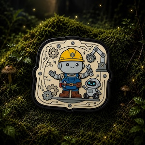 May include: A square-shaped decorative patch featuring a cartoon robot wearing a yellow hard hat and blue overalls, holding a wrench. The robot is accompanied by a smaller robot and a mechanical arm, set against a beige background with circuit board patterns.
