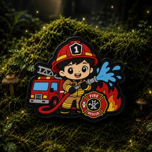 May include: A rubberized patch featuring a cartoon firefighter wearing a red helmet with the number 1, holding a hose spraying blue water. A red fire truck is visible behind the figure, alongside a red and yellow fire rescue emblem.