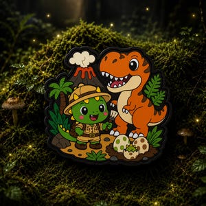 Può includere: Una spilla smaltata decorativa raffigurante una scena a cartoni animati con un dinosauro verde che indossa un completo e un cappello da esploratore color sabbia, accanto a un T-Rex arancione. Lo sfondo include un vulcano fumante, palme e un nido con uova maculate.