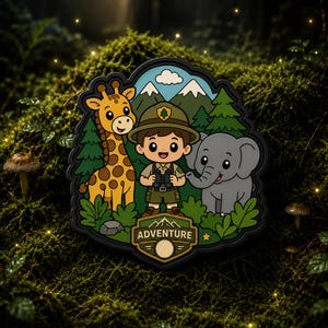 Könnte beinhalten: Eine dekorative Emaille-Anstecknadel mit einem Cartoon-Entdecker, der ein Fernglas hält und zwischen einer gelben Giraffe und einem grauen Elefanten steht. Der Hintergrund zeigt grüne Tannen und schneebedeckte Berge. Unten steht das Wort ADVENTURE.