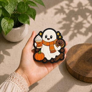 Parche de PVC con diseño de rosquilla de café fantasma, emblema espeluznante de Halloween (3 pulgadas)