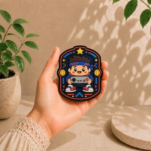 Parche de PVC Retro Gamer Boy / Accesorio para mochila con controlador de píxeles de 8 bits