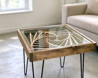 Rotating Geometric Vortex - End Table & Coffee Table with Rustic Wood Frame - 100% Made in the USA