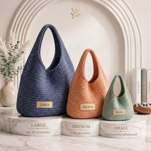 May include: Three crochet hobo bags in blue, orange, and green, each featuring a rectangular label reading LARGE, MEDIUM, or SMALL. The bags are displayed on tiered platforms labeled with their respective sizes and the text epic & cavernous, truly extensive, and impressively substantial.