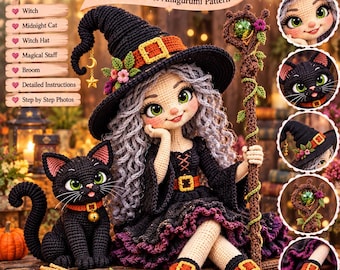 May include: A crochet pattern document titled Whimsical Witch & Her Midnight Cat featuring a doll with gray hair, a black hat, and a black dress, accompanied by a black cat and a broom. The document includes text, circular image insets, and icons.