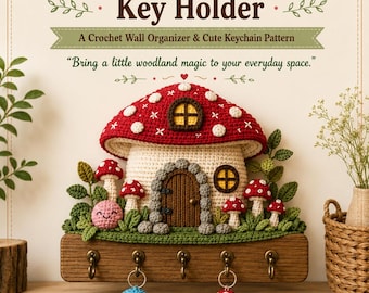 May include: A crochet wall-mounted key holder featuring a red and white mushroom cottage design with a brown door, green leaves, and smaller mushrooms. The wooden base includes five metal hooks, with two small crocheted keychains hanging below.