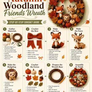 May include: An instructional guide titled How to Make the Autumn Woodland Friends Wreath featuring a crochet wreath with a fox, fawn, and hedgehog. The guide includes eight numbered steps with text and illustrations for creating the wreath components.