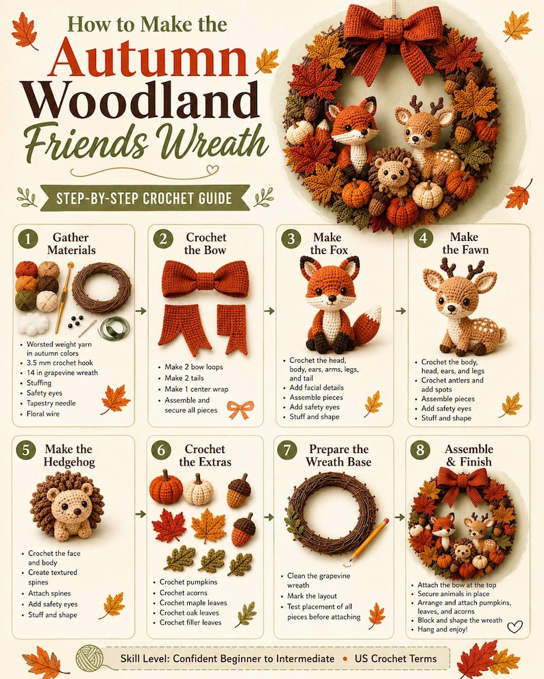 May include: An instructional guide titled How to Make the Autumn Woodland Friends Wreath featuring a crochet wreath with a fox, fawn, and hedgehog. The guide includes eight numbered steps with text and illustrations for creating the wreath components.