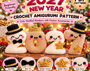 May include: A digital PDF crochet pattern for 2027 New Year amigurumi numbers. The numbers are crocheted in cream and tan yarn with black top hats, a gold crown, a black bow tie, and gold stars. Each number features a cute face with pink cheeks.