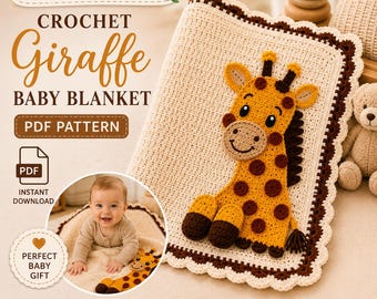 May include: A crochet baby blanket PDF pattern by WonderGroveLearning featuring a giraffe motif. The blanket is cream-coloured with a dark brown scalloped border. A circular inset shows a baby lying on the blanket next to the giraffe design.