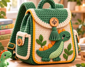 May include: A dark green and cream crochet backpack featuring a dinosaur applique on the front pocket. The bag has a top handle, adjustable straps, and a wooden button closure with a leaf design. A matching green tassel hangs from the main flap.