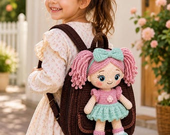 May include: A dark brown crocheted backpack featuring an attached crocheted doll with pink yarn hair, a mint green bow, a pink top with a small flower, a mint green skirt, and matching mint green shoes. The backpack has adjustable straps.