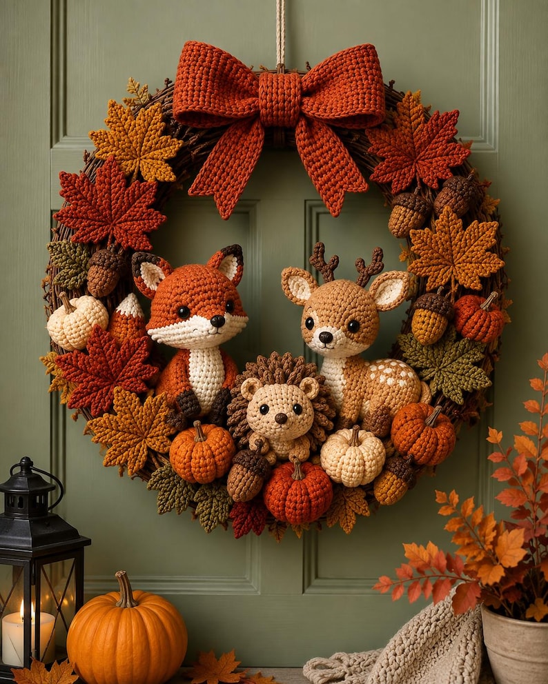 May include: A circular wreath made of woven twigs, decorated with crocheted autumn leaves in shades of red, orange, and green, crocheted acorns, and small pumpkins. A large crocheted orange bow sits at the top. Three crocheted animals, a fox, a deer, and a hedgehog, are positioned in the center.
