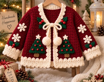 May include: A deep red crochet cardigan featuring a cream-coloured scalloped trim, two green Christmas tree appliqués with red bead ornaments, white snowflake motifs, and a central tie closure with two large cream pom-poms and holly accents.