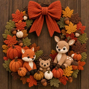 May include: A decorative wreath featuring a large crocheted orange bow at the top, surrounded by crocheted autumn leaves, acorns, and pumpkins. Centered are three crocheted figures: a fox, a hedgehog, and a deer, all in earthy tones.