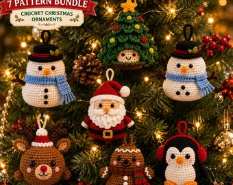 May include: A 7 pattern bundle of crochet Christmas ornaments featuring a snowman, a Christmas tree, a Santa Claus, a reindeer, a gingerbread person, and a penguin. Each ornament is crafted with yarn and includes a loop for hanging on a tree.