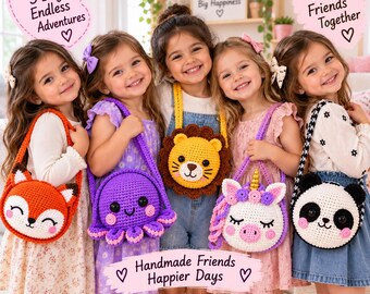 May include: Five round crochet bags featuring animal designs: an orange fox, a purple octopus, a yellow lion, a white unicorn, and a black and white panda. The image includes text: 5 Friends 5 Bags Endless Adventures, Crochet Brings Friends Together, and Handmade Friends Happier Days.