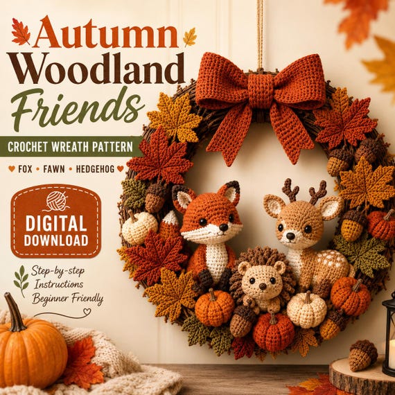 Autumn Woodland Crochet Wreath Pattern | Fox Fawn Hedgehog Amigurumi | Fall Door Decor | Pumpkin Leaf Digital Download