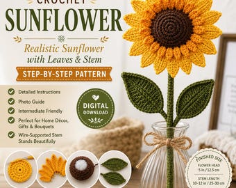May include: A crochet sunflower pattern by WonderGroveLearning featuring a yellow flower with a brown centre, green leaves, and a stem. The digital download includes instructions for a 12.5 cm flower head and a 25-30 cm stem length with photos.