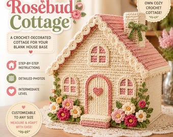 May include: A crochet pattern for a Rosebud Cottage featuring a cream-coloured house with a pink roof, a chimney with a green bow, and floral accents. The text reads Digital Crochet Pattern, Rosebud Cottage, A Crochet-Decorated Cottage For Your Blank House Base, Step-By-Step Instructions, Detailed Photos, Intermediate Level, Customizable To Any Size, Measure & Adapt With Ease, and Wondergrovelearning.
