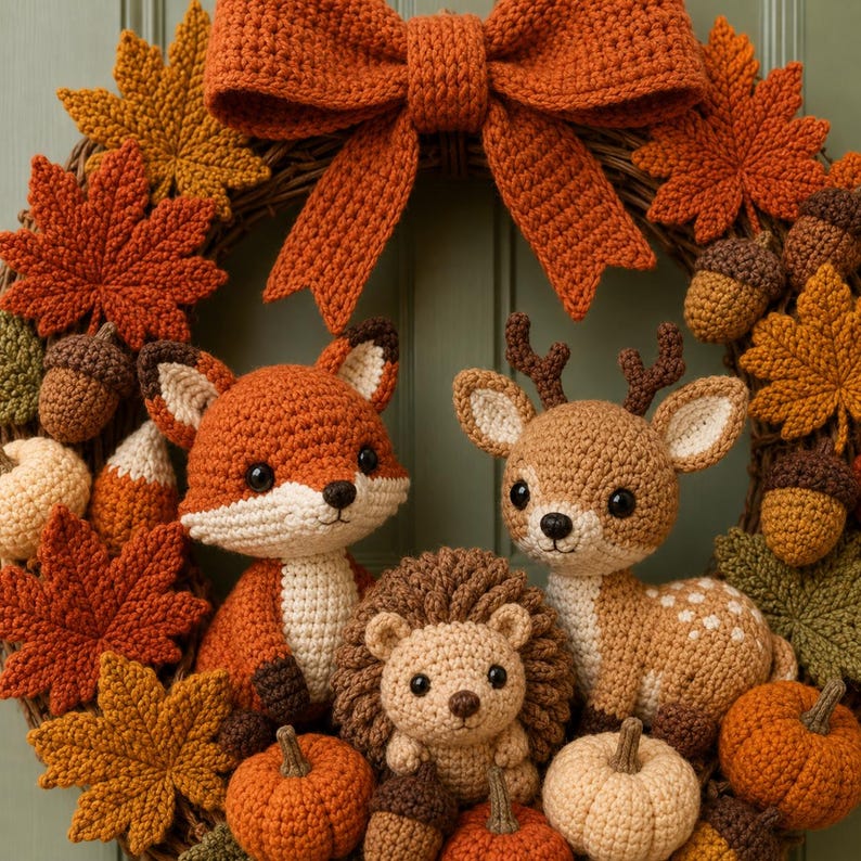 May include: A decorative wreath featuring a large orange crocheted bow at the top, adorned with crocheted autumn leaves, acorns, and pumpkins. Centered are three crocheted figures: a fox, a hedgehog, and a deer with small brown antlers.