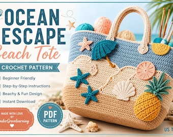 May include: A crochet beach tote pattern titled Ocean Escape Beach Tote. The bag is blue, beige, and tan with appliqués of a teal umbrella, two teal starfish, a white seashell, a pink circular shape, and a yellow pineapple with green leaves.