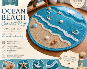 May include: A round crochet rug pattern titled Ocean Beach Crochet Rug by WonderGrovelearning. The design features a sandy beige beach area and blue ocean waves with white foam accents, decorated with small crocheted shells and anchors. 86 cm.